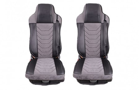 Set huse scaune camion compatibile SCANIA R G P 2005-2016, tetiere integrate, piele ecologica cu catifea, negru cu gri