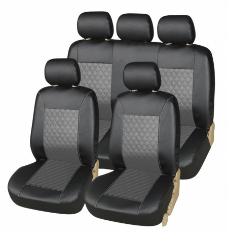 Set huse scaune auto, universale, fata-spate, piele ecologica, negru cu gri, compatibil airbag