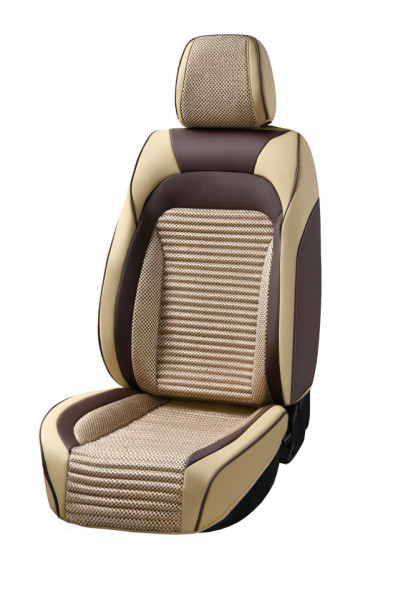 Set huse scaune auto universale, piele ecologica bej cu material textil maro, fata-spate