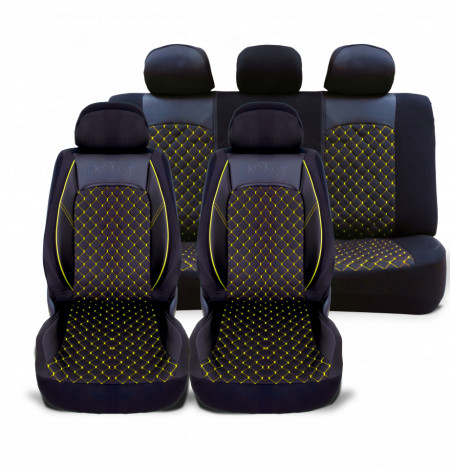 Set huse scaune auto universale, piele ecologica neagra cu material textil negru si cusaturi galbene, fata-spate