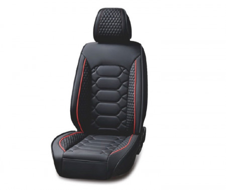 Set huse scaune auto universale, piele ecologica negru cu cusatura rosie, fata-spate
