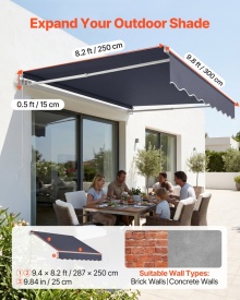 Copertina retractabila manuala, 300 x 250 cm, pentru terasa exterioara, parasolar retractabil, adapost pentru usa si fereastra din poliester rezistent la apa, cu maner manivela pentru curte, balcon, culoare gri - Img 10