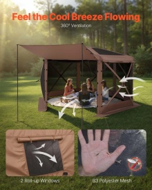 Cort de gradina, camping, evenimente, 6 laturi, 3,6 x 3,6 m, capac detasabil si geanta de transport, montare rapida, adapost solar pentru 8-10 persoane, curte, terasa, culoare maro - Img 7