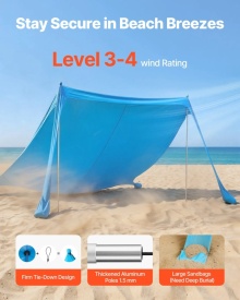 Cort plaja, adapost soare plaja, UPF 50+, inaltime 2m, 3.4 m x 3.4 m, copertina de plaja ușor de ridicat cu saci de nisip, stalpi de stabilitate, lopeți de nisip - Img 4