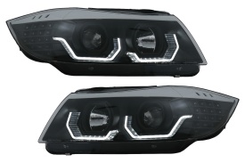 Faruri 3D LED compatibil cu BMW Seria 3 E90 E91 Angel Eyes 2005-2008 Negru - Img 1