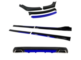 Pachet exterior aero universal, prelungire bara fata, praguri laterale negru cu albastru si difuzor negru cu albastru