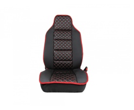 Set 2 Huse auto Scaune Fata 1+1 Universal, Material textil negru cu imitatie de piele neagra cu cusaturi rosii - Img 5