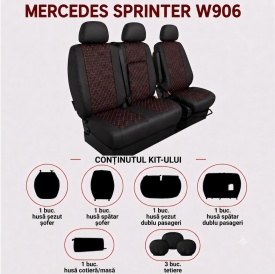 Set huse auto pentru scaune compatibile Mercedes Sprinter 2006-2017 2+1 locuri, material piele ecologica, culoare negru cu cusatura rosie 6 piese - Img 5