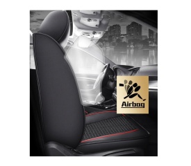 Set huse auto scaune universale de lux din piele cu textil, negru cu cusaturi rosii pentru scaunele fata si spate - Img 3