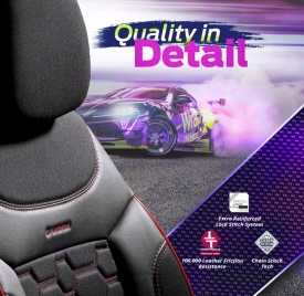 Set huse auto scaune universale Otom Luxury, Carbon Design material textil cu piele ecologica, culoare negru cu cusaturi rosii - Img 6