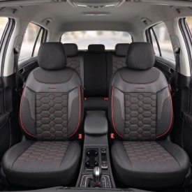 Set huse auto scaune universale Otom Luxury, Carbon Design material textil cu piele ecologica, culoare negru cu cusaturi rosii - Img 9