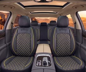 Set huse scaune auto compatibil Dacia Logan III 2021->, fata-spate, piele cu textil, negru cu galben