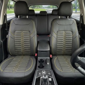 Set huse scaune auto compatibil Fiat Tipo 2017->, fata-spate, piele ecologica, negru cusatura galbena, Lichidare stoc! - Img 1