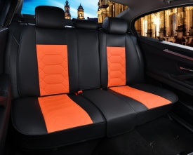 Set huse scaune auto compatibil Nissan Qashqai II 2014-2021, fata-spate, Piele ecologica, Negru cu portocaliu - Img 3