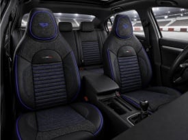 Set huse scaune auto compatibil Renault Fluence 2009-2016, fata-spate, piele ecologica cu textil, cu tetiera integrata, negru cu dunga albastra