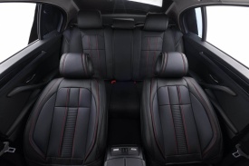 Set huse scaune auto compatibil SKODA Octavia III 2013-2020, fata-spate, piele ecologica neagra si cusaturi rosii - Img 1
