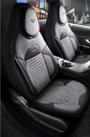 Set huse scaune auto compatibil VW Golf Plus 2005-2013, fata-spate, piele ecologica cu textil, cu tetiera integrata, negru cu gri - Img 3