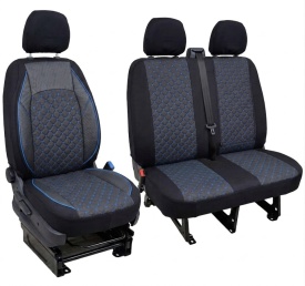 Set huse scaune auto compatibile VW CRAFTER 2006-2017 2+1, piele ecologica cu textil, negru cusatura albastra, Lichidare stoc!