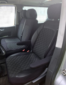 Set huse scaune auto compatibile VW T5 Transporter Caravelle 2003-2015, fata 2+1 locuri, piele ecologica cu textil, negru cusatura albastra - Img 2