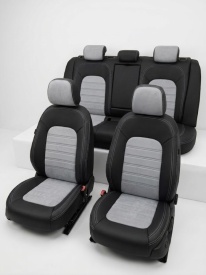 Set huse scaune auto, dedicate Audi A6 C7 2011-2018, piele ecologica cu textil, negru cu gri, Lichidare stoc!