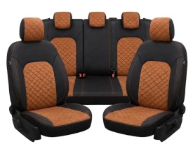 Set huse scaune auto, dedicate Dacia Duster II 2018-2023, piele ecologica cu imatie de alcantara, negru cu maro