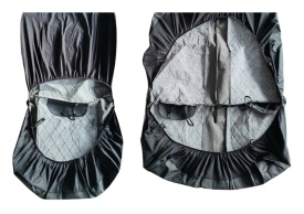 Set huse scaune auto universale 3 locuri fata cu tetiera integrata, material piele ecologica, culoare neagra cu cusatura albastra, pentru dube si microbuze - Img 2