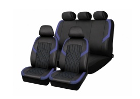 Set huse scaune auto universale de lux, fata-spate, piele ecologica, culoare negru cu albastru - Img 3