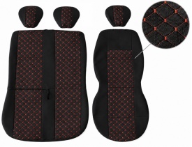 Set huse scaune auto, universale, fata 2+1, material textil, culoare negru cu cusaturi rosii, model romb - Img 3