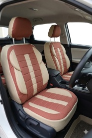 Set huse scaune auto, universale, fata-spate, maro cu crem, textil si piele ecologica