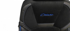Set huse scaune auto universale, fata-spate, piele ecologica cu textil, negru cusatura albastra, ANATOLIA Design - Img 2