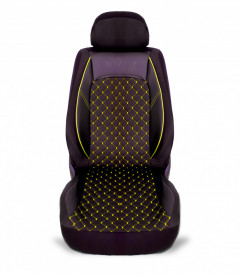 Set huse scaune auto universale, piele ecologica neagra cu material textil negru si cusaturi galbene, fata-spate - Img 3