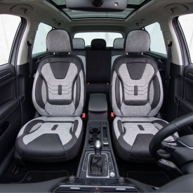 Set huse scaune auto universale seria KETEN, material textil gri si piele ecologica neagra, fata-spate, compatibil airbag