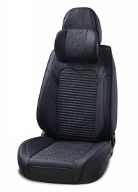 Set Huse Scaune Cu Perne Tetiera Auto, Universale, Lux, Piele Ecologica si Textil, Culoare Negru/Negru - Img 2