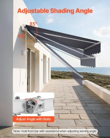 Copertina retractabila manuala, 300 x 250 cm, pentru terasa exterioara, parasolar retractabil, adapost pentru usa si fereastra din poliester rezistent la apa, cu maner manivela pentru curte, balcon, culoare gri - Img 7