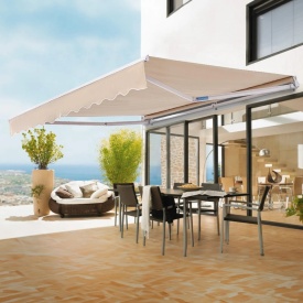 Copertina retractabila manuala, 400x240 cm, pentru terasa exterioara, parasolar retractabil, adapost pentru usa si fereastra din poliester rezistent la apa, cu maner manivela pentru curte, balcon - Img 9