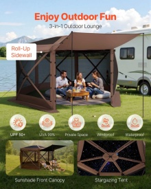 Cort de gradina, camping, evenimente, 6 laturi, 3,6 x 3,6 m, capac detasabil si geanta de transport, montare rapida, adapost solar pentru 8-10 persoane, curte, terasa, culoare maro - Img 4
