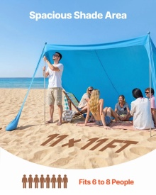 Cort plaja, adapost soare plaja, UPF 50+, inaltime 2m, 3.4 m x 3.4 m, copertina de plaja ușor de ridicat cu saci de nisip, stalpi de stabilitate, lopeți de nisip - Img 2
