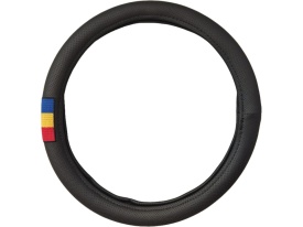 Husa volan imitatie piele perforata neagra cu steag ROMANIA diam. 38 cm
