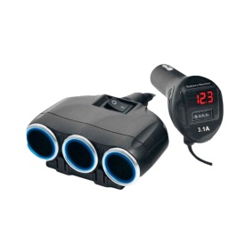 Incarcator auto splitter bricheta cu afisaj, 12V-24V, 3 iesiri soket 12V + 1 USB + Voltmetru, 120W