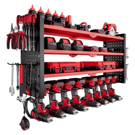 Organizator de scule electrice, suport de perete, suport de depozitare cu 4 straturi cu 8 suporturi pentru burghie, suport de depozitare scule cu placi laterale perforate, organizator de scule pentru garaj sau atelier - Img 2