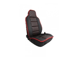 Set 2 Huse auto Scaune Fata 1+1 Universal, Material textil negru cu imitatie de piele neagra cu cusaturi rosii - Img 6