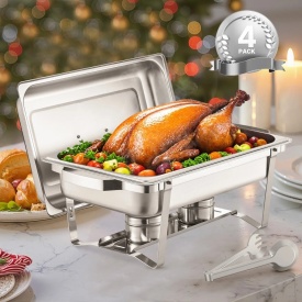 Set de bufet pentru incalzit cu capac, 8 litri, pachet de 4, din otel inoxidabil cu 4 tigai de dimensiuni normale, incalzitor catering cu capac, suport pentru tigaie de apa, suport pentru combustibil, pentru nunti, petreceri, banchete, argintiu - Img 8