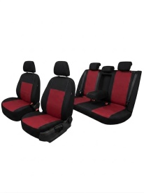 Set huse auto pentru scaune compatibile cu SKODA OCTAVIA III 2012-2020, cu cotiera spate, material textil negru cu visiniu, Lichidare stoc!