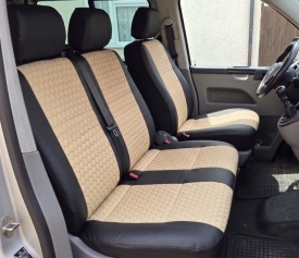 Set huse auto pentru scaune compatibile VW Transporter T5 2004-2014 2+1 locuri, material piele ecologica negru cu crem