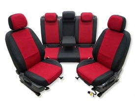 Set huse auto pentru scaune pentru VW Passat B8 2015-2019, material textil negru cu rosu, Lichidare Stoc