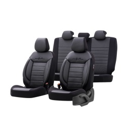 Set huse scaune auto compatibil BMW seria 5 E60 2004-2011, fata-spate, Otom Luxury, Comfort Line material textil cu piele ecologica, culoare negru cu cusaturi negre