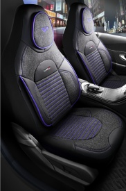 Set huse scaune auto compatibil Opel Corsa E 2014-2019, fata-spate, piele ecologica cu textil, cu tetiera integrata, negru cu dunga albastra - Img 3