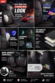 Set huse scaune auto compatibil SsangYong Korando 2012-2019, scaune standard, fata-spate, piele ecologica cu textil, cu tetiera integrata, negru cu dunga rosie - Img 4