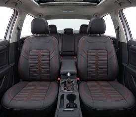 Set huse scaune auto compatibil Toyota Rav4 2006-2012, fata-spate, piele ecologica negru cu cusatura rosie