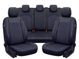 Set huse scaune auto compatibile DACIA DUSTER II 2018-2023, piele ecologica cu textil, negru cusatura albastra, Lichidare stoc!